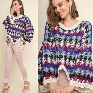 Umgee • Scalloped Hem Multicolored Crochet Sweater